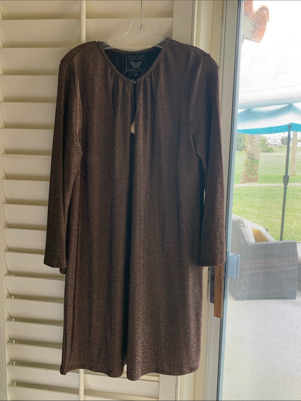 Johnny Was Brown Shimmery Long-Sleeve Shift Dress